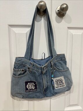 Upcycled Denim Tote Bag with (UNC) North Carolina Tar Heel Patches - Blue